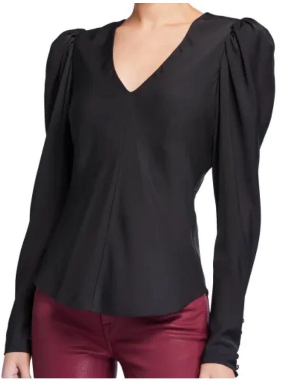 Frame Shirred Silk Top Black V-Neck Long Puff Sleeve Blouse Size XS